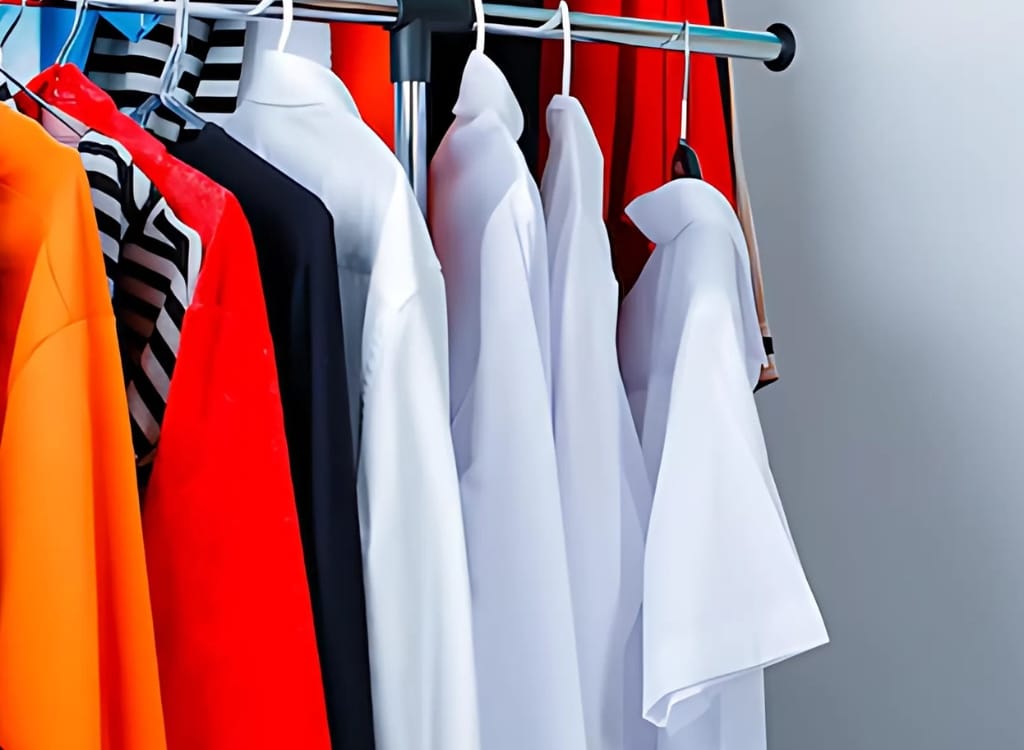 A row of colorful sublimation college polo shirts hanging on a clothing rack, featuring vibrant designs and custom prints.