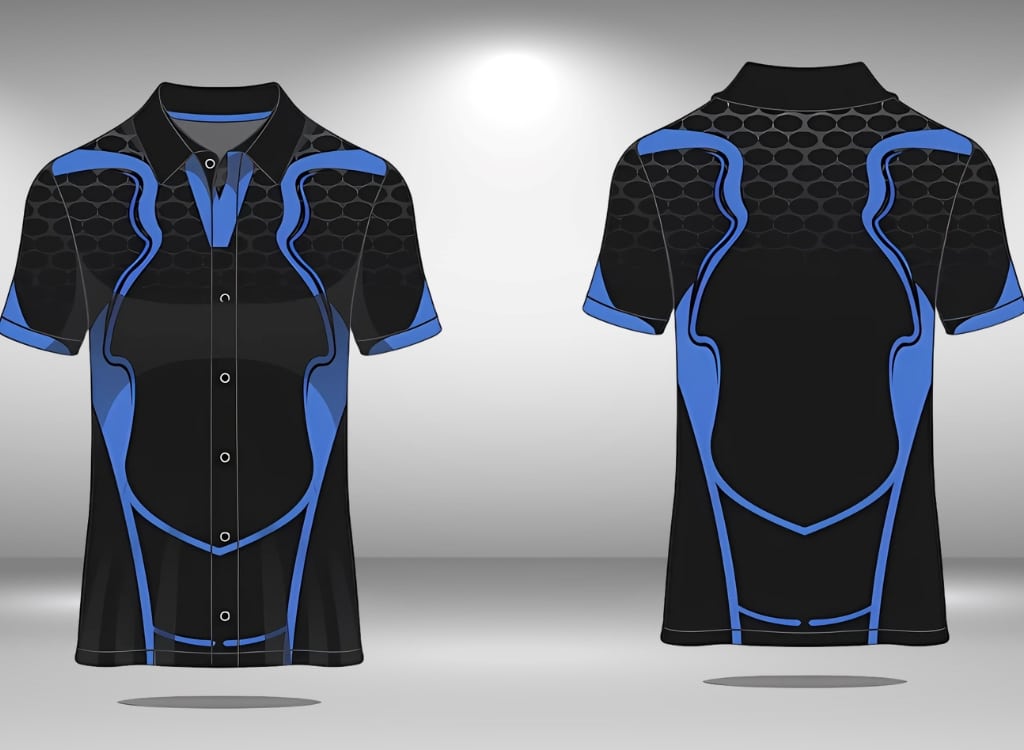 A pair of finished sublimation college polo shirts, showing front and back views with a black base color, blue accent lines, and a honeycomb pattern on the shoulders.