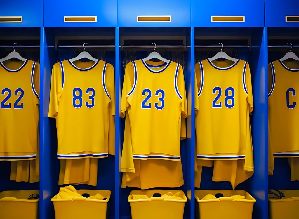 Yellow college polo shirts with blue and white accents hanging in a locker room, featuring different numbers and a 'C' letter on each shirt.