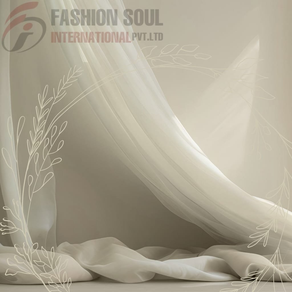 A soft, flowing piece of sheer, white fabric drapes elegantly against a neutral background, with delicate white line art leaf designs framing the bottom corners, and a faint logo with the text "FASHION SOUL INTERNATIONAL PVT. LTD" in the upper left corner.