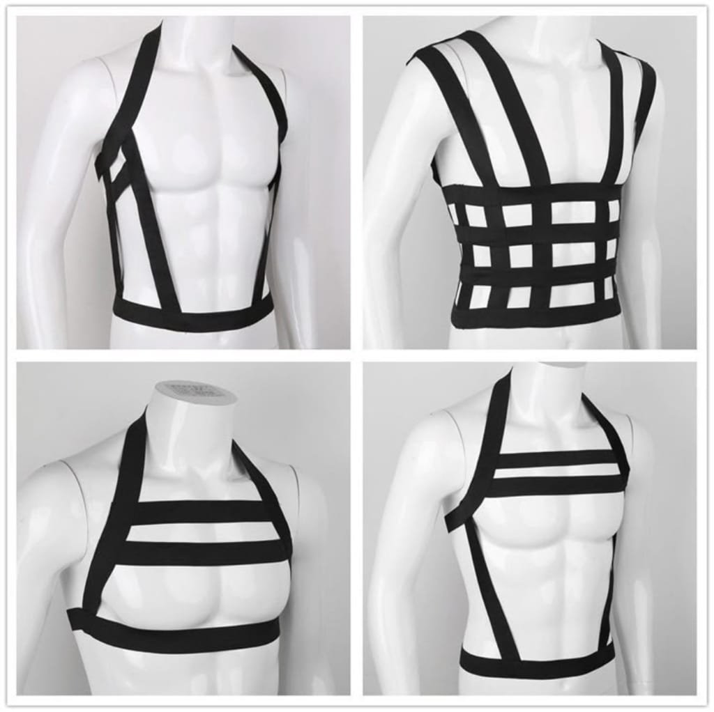 A collage of four mannequins showcasing various men's sports bras with different strap and band designs, emphasizing inclusivity and diverse body support.
