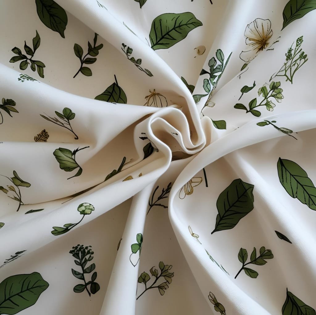 Close-up image of organic designer cotton fabric featuring a white background with a botanical print of various green leaves, flowers, and small insects, gathered in the center with soft folds.