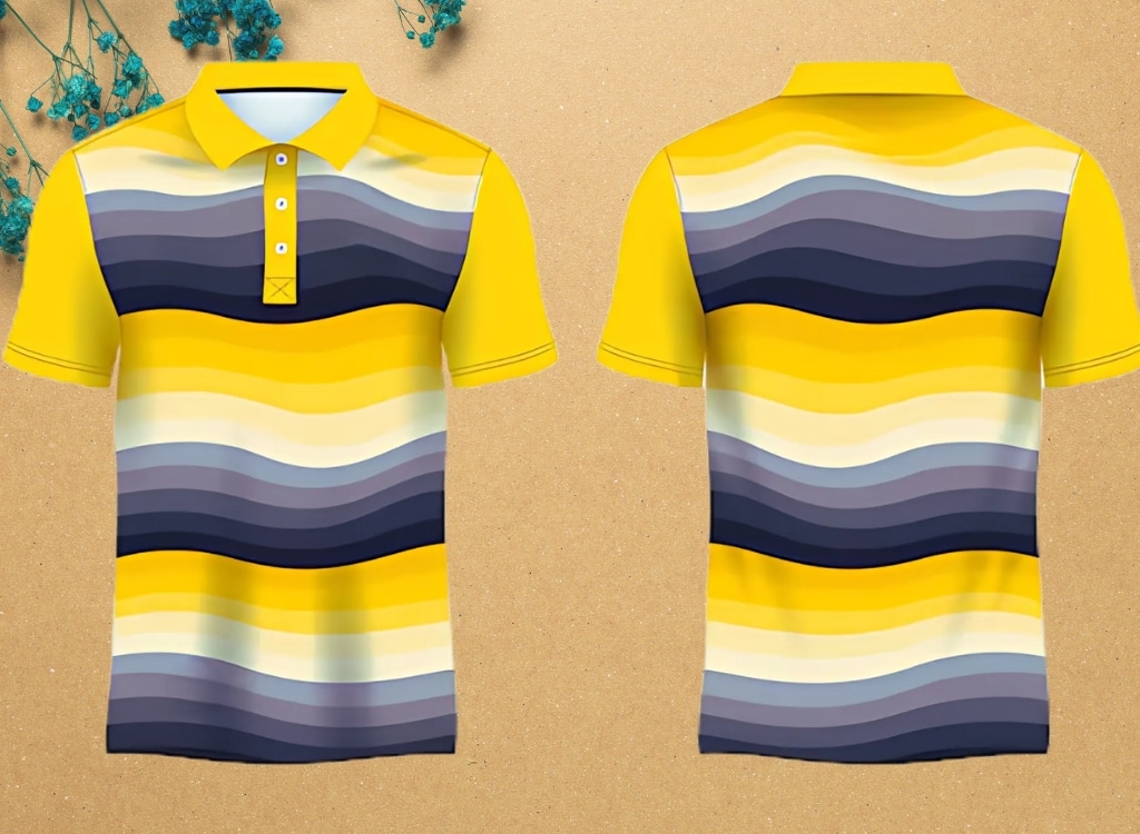 Alt Text: Bright yellow sublimation polo shirts featuring horizontal wave patterns in shades of navy, gray, white, and cream, displayed on a sandy background.