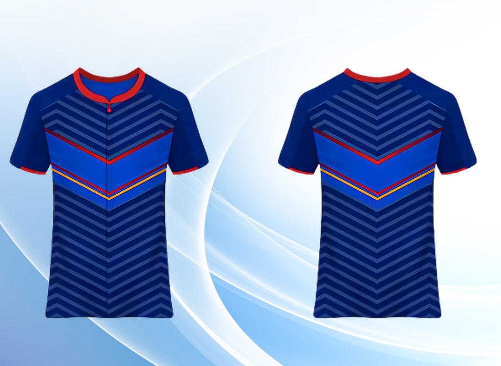Two blue sublimation polo shirts with vibrant geometric patterns and red accents, displayed on a light blue background.