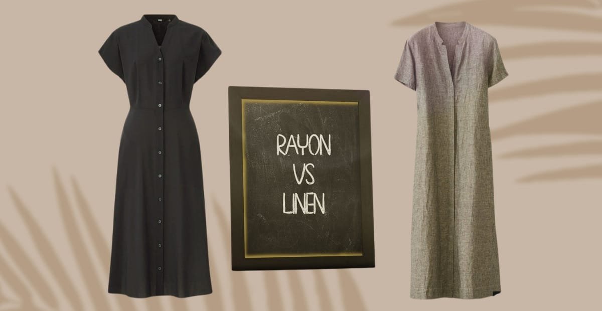 Two long dresses, one black and one gray, are displayed on either side of a chalkboard with the words "Rayon vs Linen" written on it. The background features soft shadows of leaves.