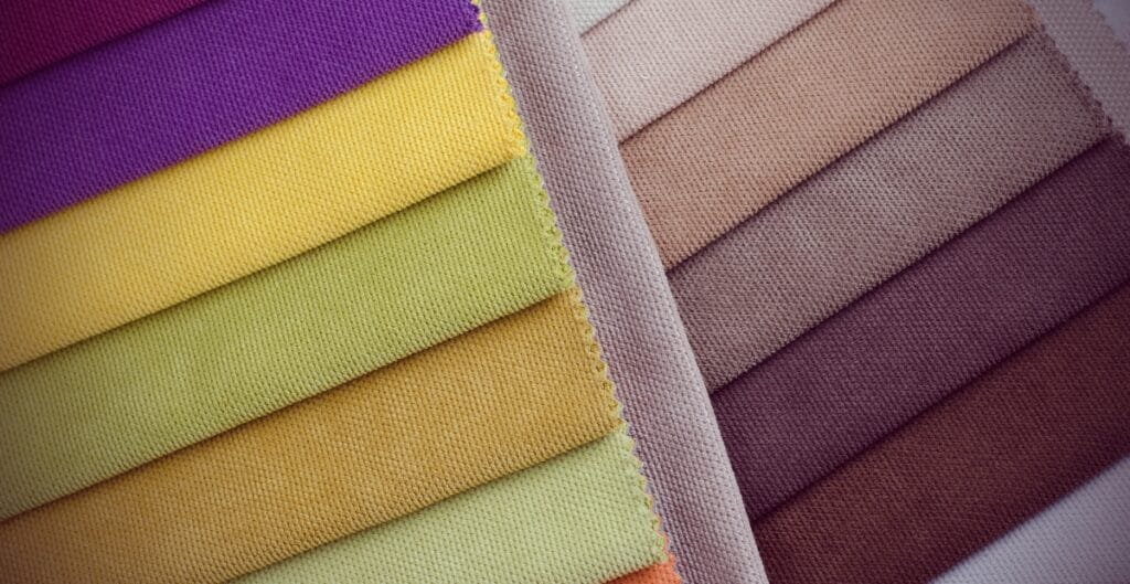 Close-up view of a variety of neatly folded rough cotton fabric swatches in shades of purple, yellow, green, beige, and brown.