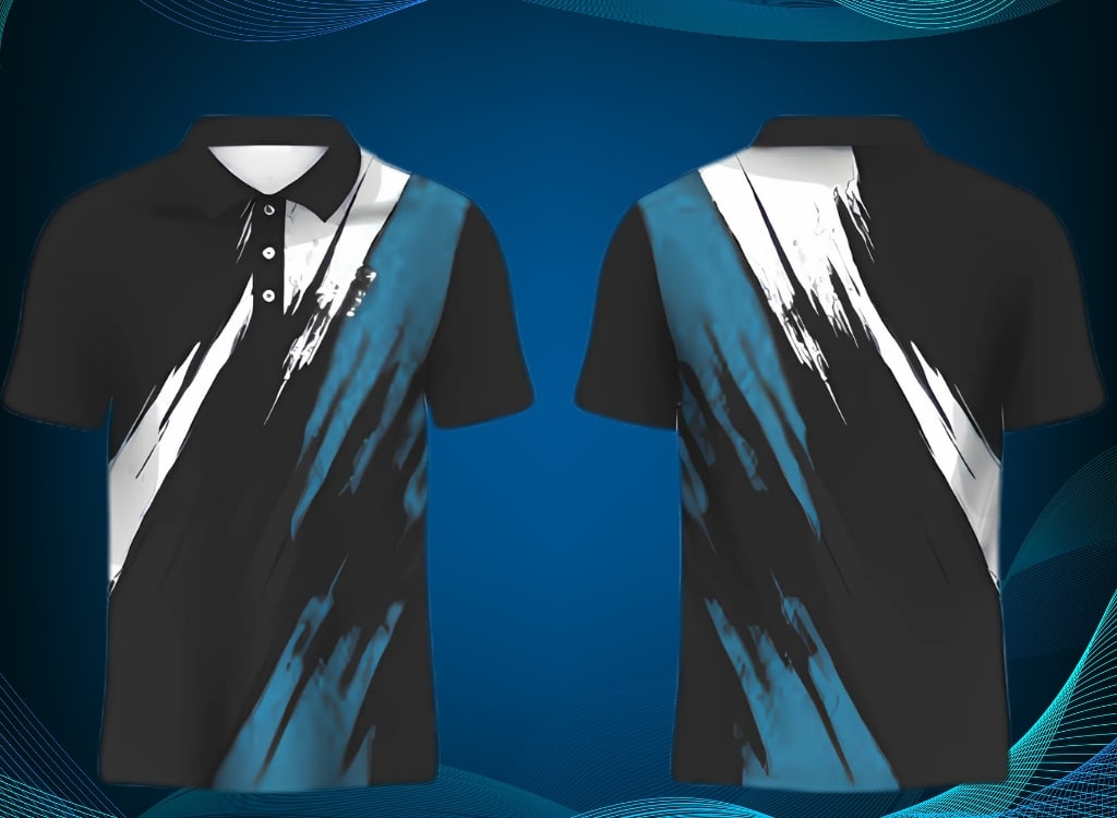 Alt Text: Two stylish sublimated polo shirts with a dynamic black, white, and blue abstract design displayed against a dark blue background.