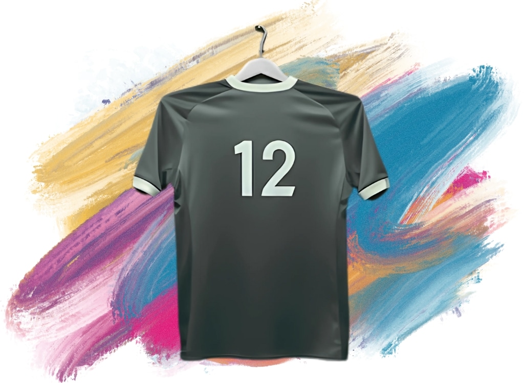 A sleek, black sublimated polo shirt with a prominent number 12 on the back, hanging on a white hanger against a colorful abstract background.