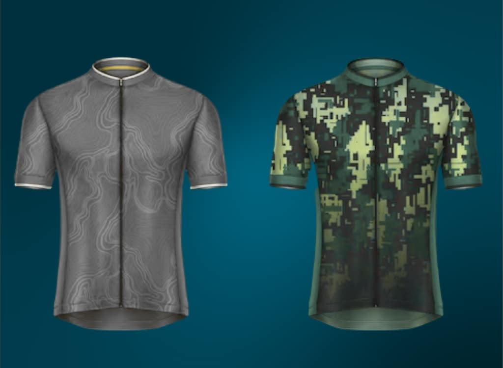 Two men's polo shirts shown against a blue background. The left shirt is grey with a subtle, wavy topographic pattern, and the right shirt features a digital camouflage pattern in green, black, and beige tones.