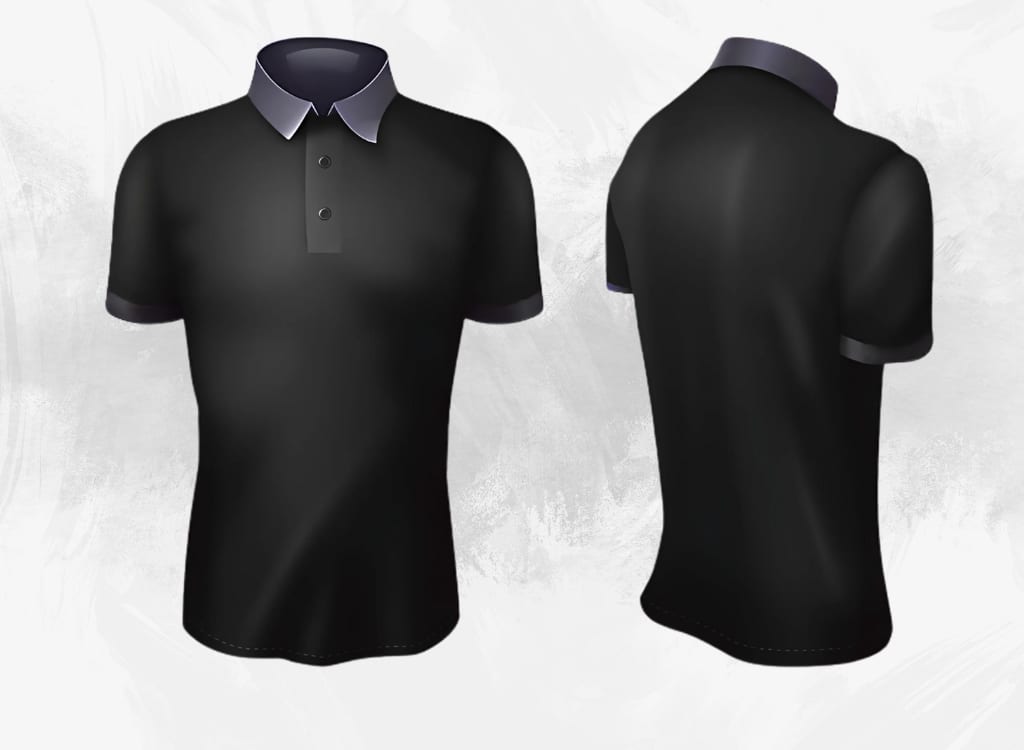 A digital illustration of a black sublimated polo shirt with violet accents on the collar and sleeve cuffs, shown from the front and back views.