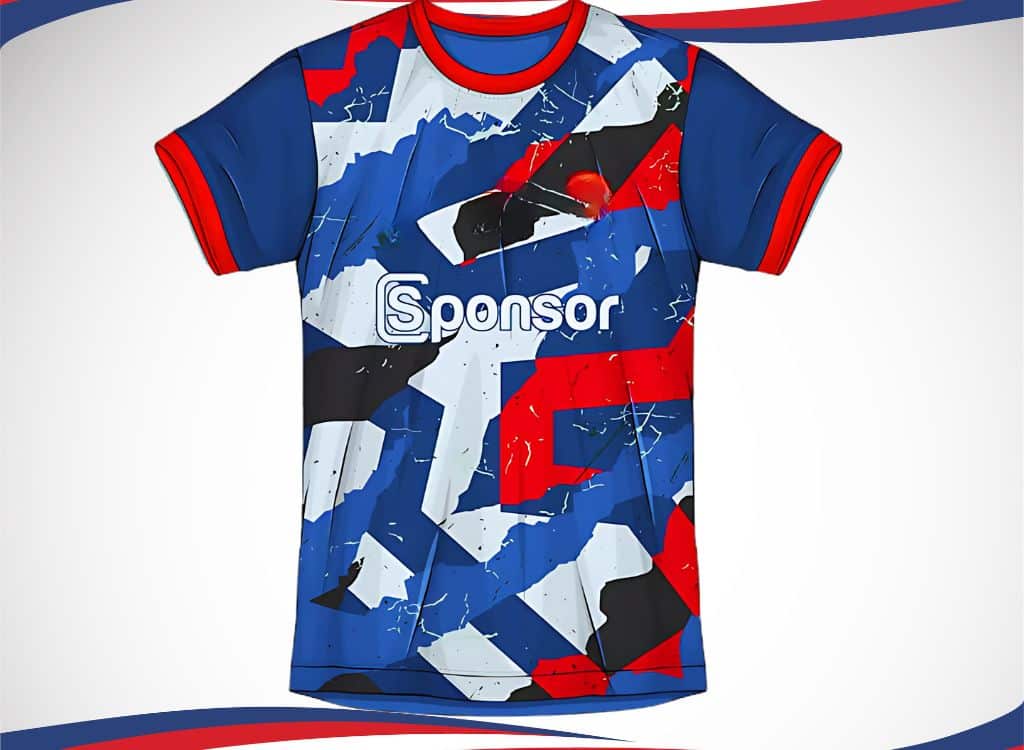 A vibrant, abstract-patterned custom sublimation polo shirt featuring shades of blue, red, black, and white with a "Sponsor" logo on the front.
