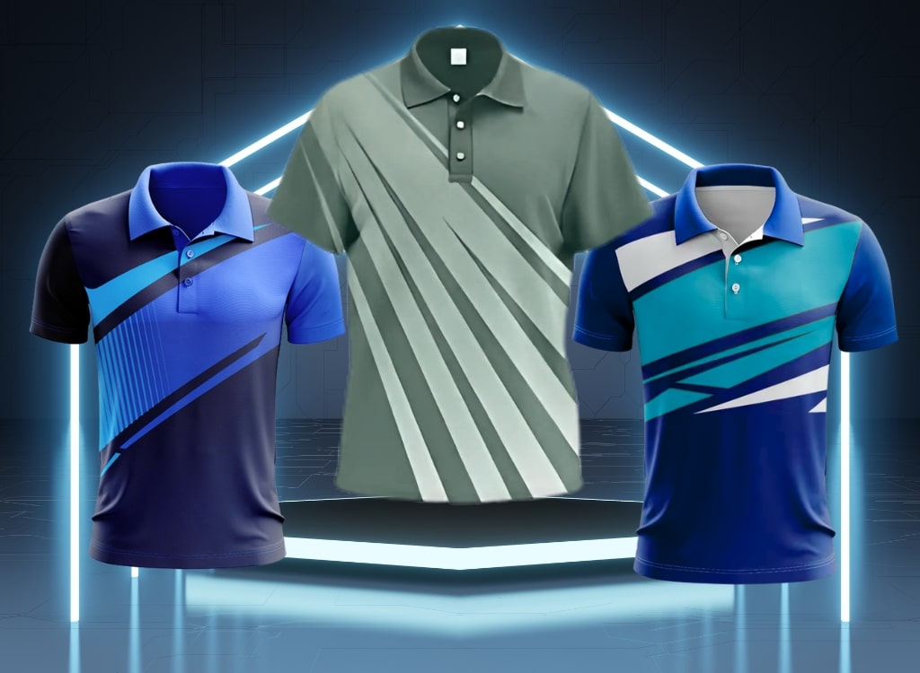 Three colorful sublimation polo shirts displayed against a futuristic digital background with glowing hexagon shapes.