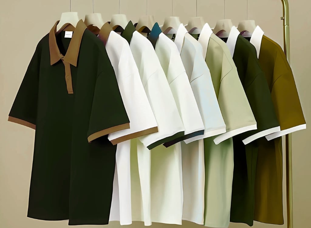 A row of colorful polo shirts hanging on a clothing rack, showcasing various shades with contrasting collars and trim.