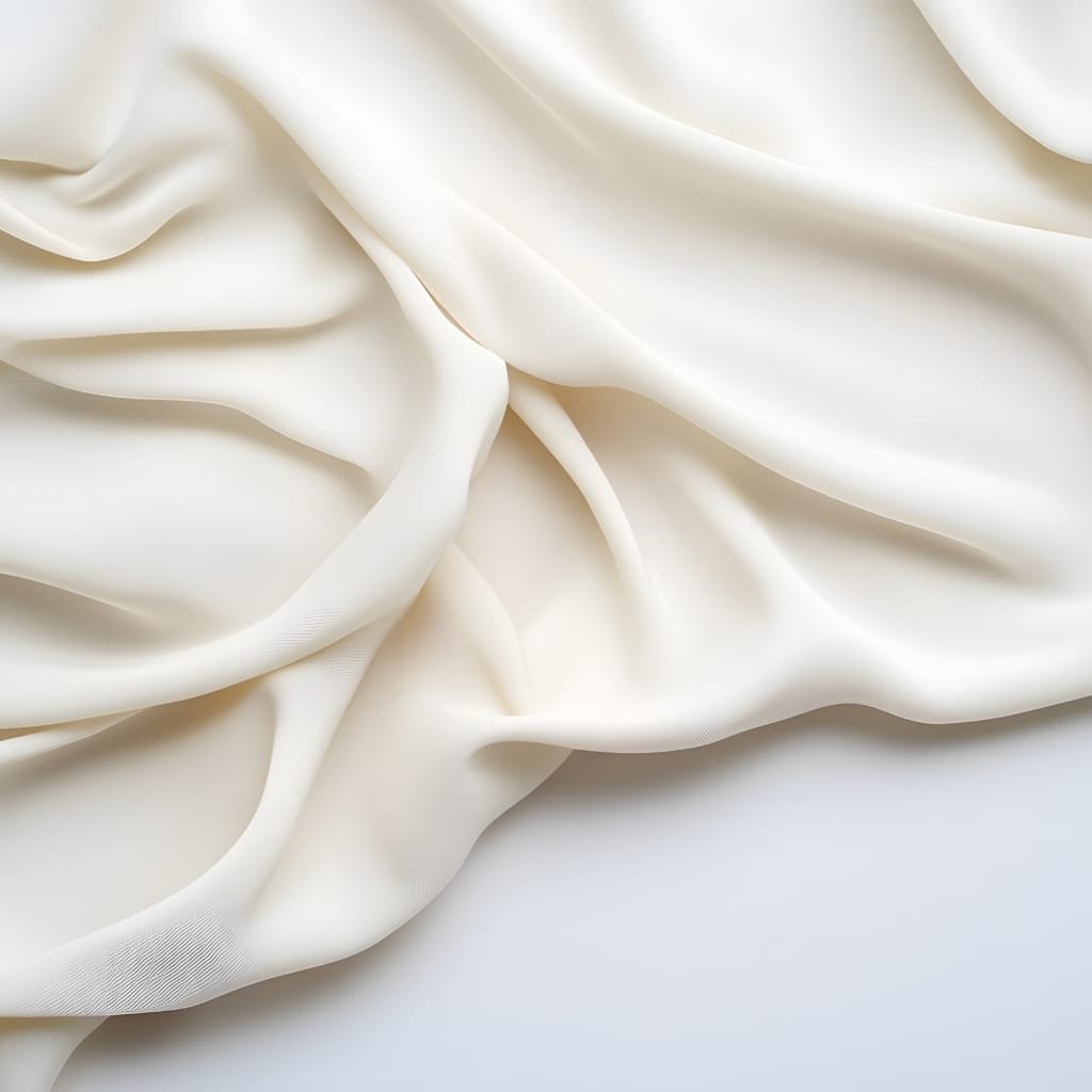 Close-up image of smooth, ivory-colored satin fabric with gentle folds and a soft sheen.