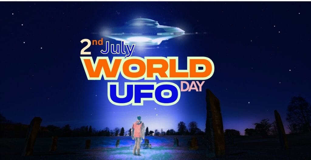 A person standing outdoors at night, gazing at the sky with stars and a UFO-shaped craft emitting bright light. The scene is set with a few stone formations or sculptures, all under a dark starry sky. Overlaid text reads "2nd July World UFO Day."