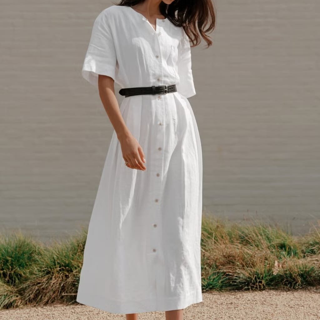 A woman is standing outdoors against a neutral background, wearing a long white button-down dress with short sleeves, cinched at the waist with a black belt.