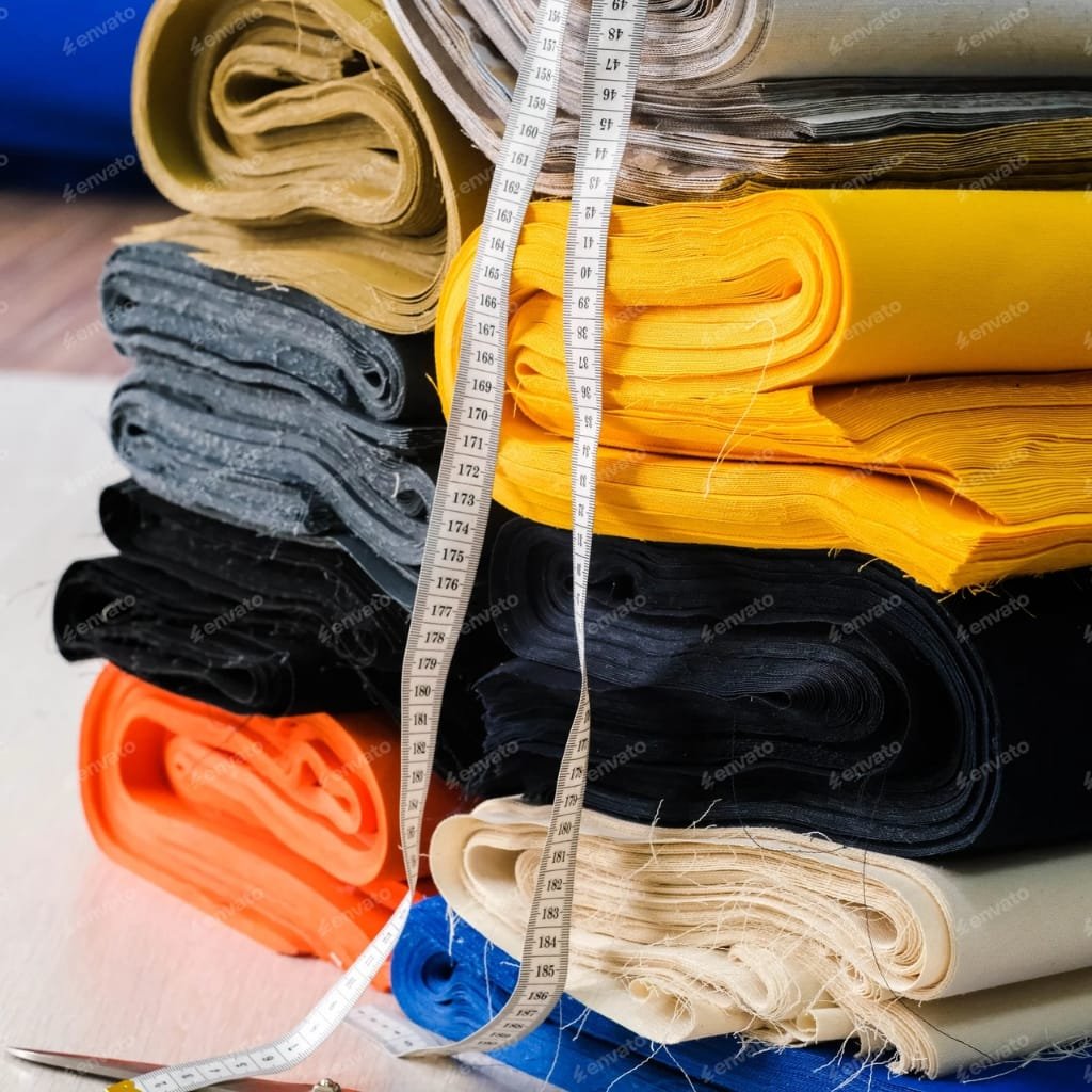 A close-up photograph of neatly rolled and folded fabrics in various colors—yellow, black, beige, gray, orange, blue, and cream—stacked on a surface, with a measuring tape draped over the fabrics.