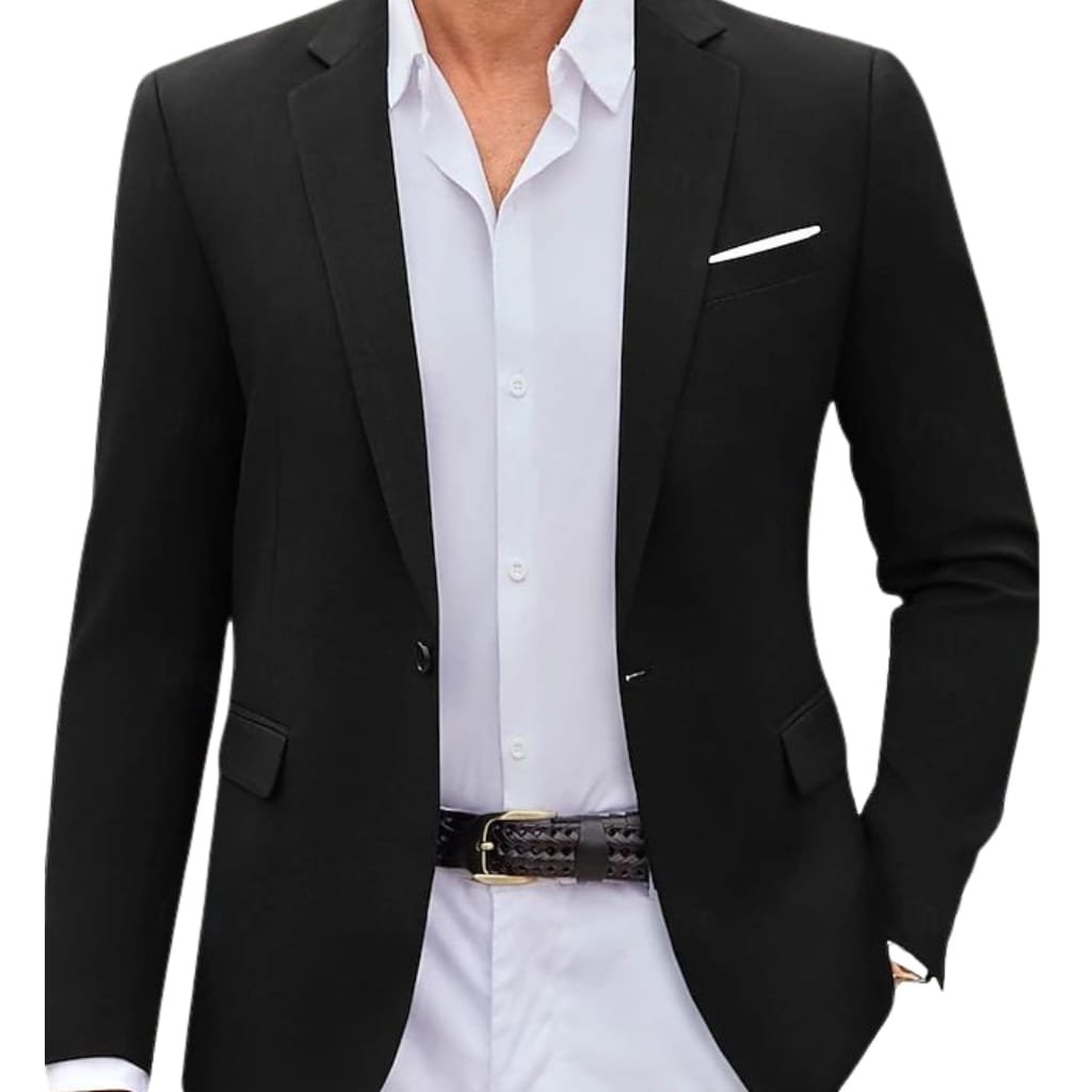 A person wearing a classic black sport coat paired with a crisp white dress shirt, accessorized with a black woven belt.