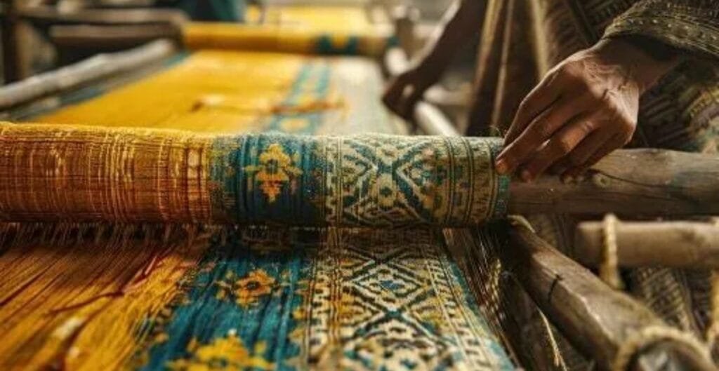 "A sunlit workshop where artisans weave with handlooms, weaving local fabrics into garments, illustrating regional craftsmanship gaining momentum."