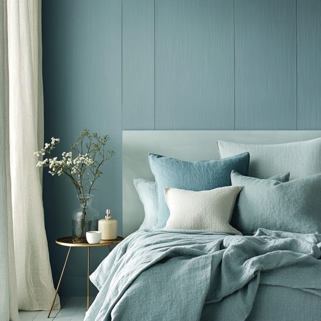 A cozy bedroom corner with a bed dressed in blue bedding, a nightstand with a vase of white flowers, and soft curtains, set against a textured blue wall.