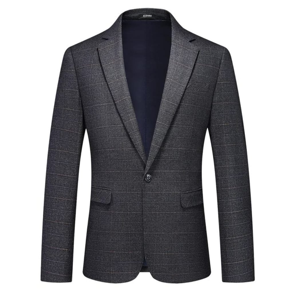 A dark grey plaid sport coat with subtle windowpane pattern, featuring a notch lapel, single-breasted front, and flap pockets.