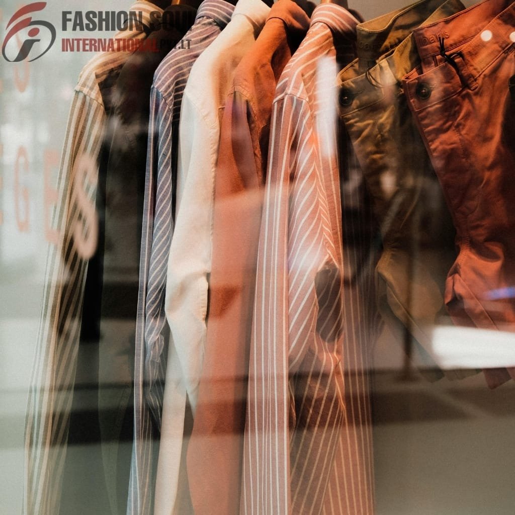  Display of various men's shirts and pants in different colors and patterns, seen through a glass window.
