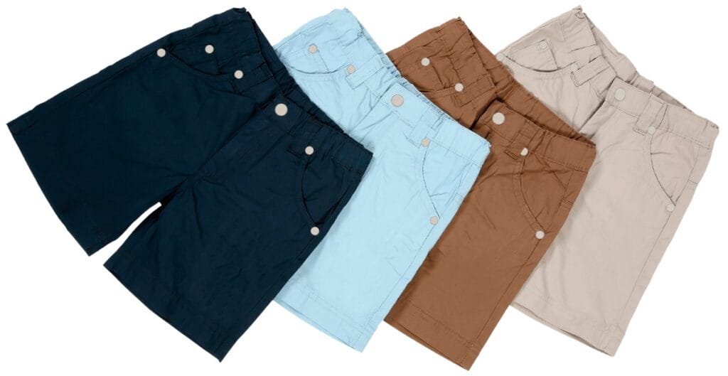 Four pairs of shorts in navy blue, light blue, brown, and beige, arranged side by side.