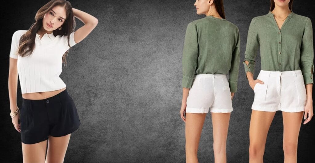 A collage featuring three women modeling casual summer outfits. The first woman wears a white short-sleeve polo shirt and black shorts, posing with one hand behind her head. The second woman, shown from the back, wears a loose green long-sleeve blouse and white shorts. The third woman, facing slightly to the side, wears a button-up green shirt with rolled-up sleeves and white shorts, with one hand in her pocket.