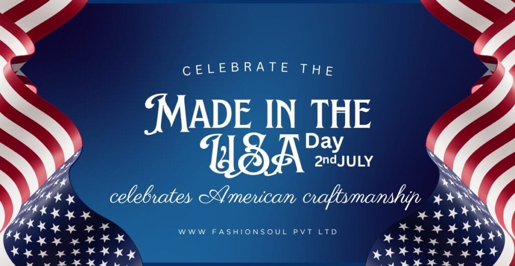 A patriotic-themed graphic celebrating U.S. Made in the USA Day on July 2nd, with red, white, and blue ribbons and stars.