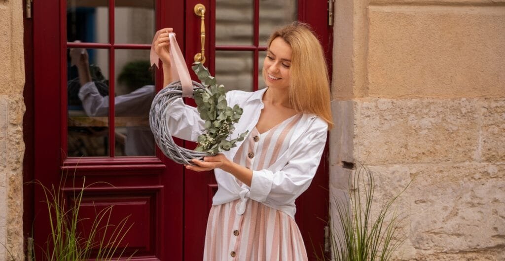 A young woman with blonde hair smiling as she holds a decorative wreath with greenery, standing in front of a red door.
