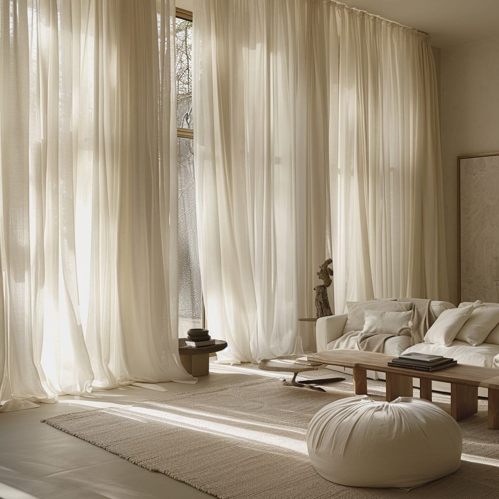 Elegant living room bathed in natural light with translucent curtains, a cozy cream sofa, and minimalist decor.