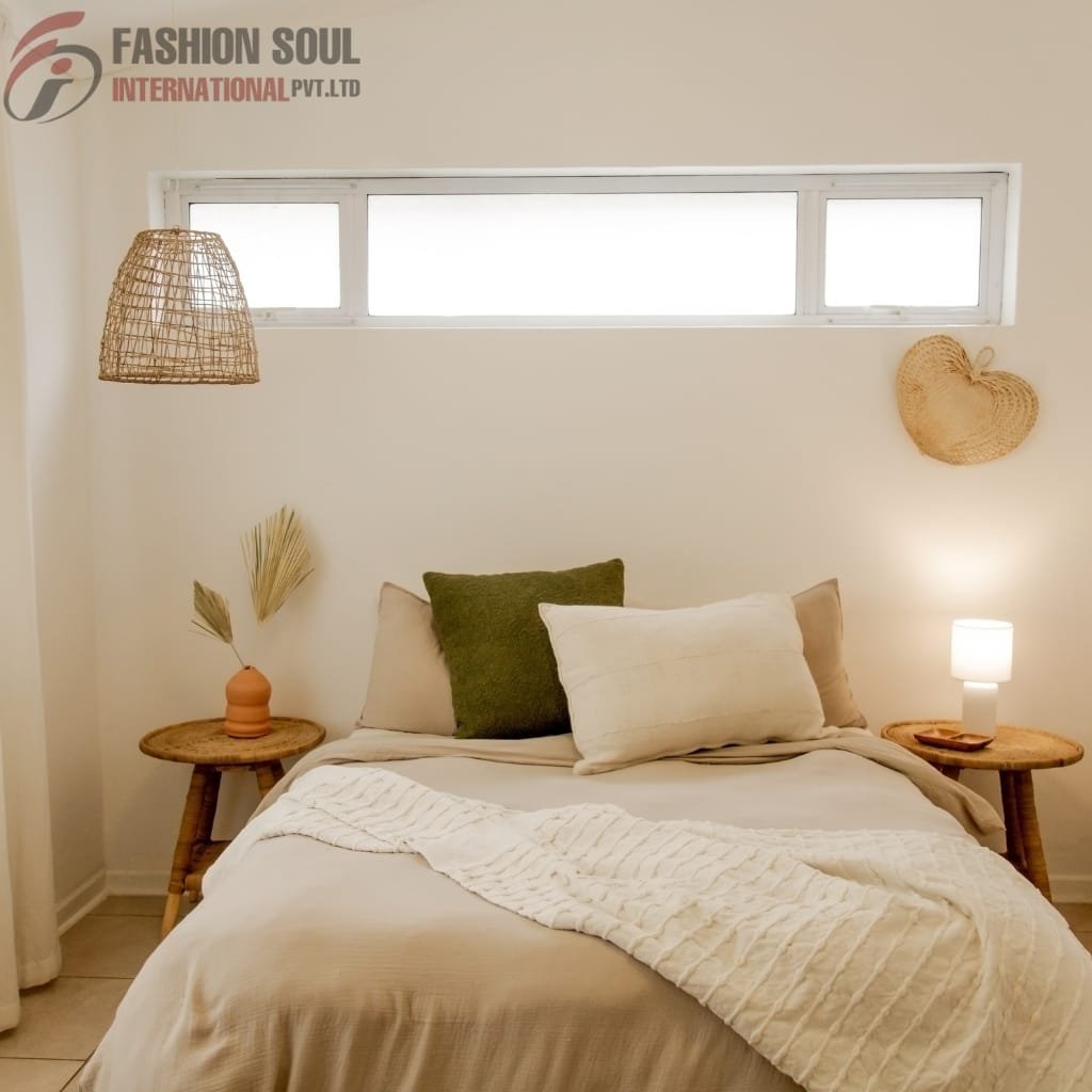  Cozy bedroom with a neatly made bed featuring neutral-colored pillows and a textured white throw, flanked by wooden bedside tables with decorative items and a small window high on the wall.