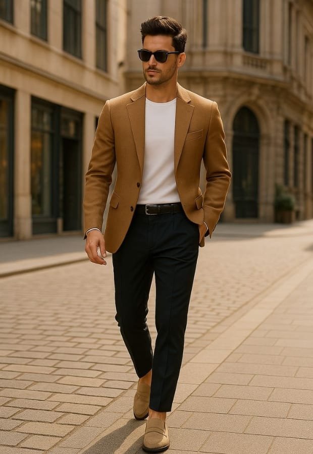 A stylish man walking outdoors in an urban setting, wearing a brown sport coat, white t-shirt, black trousers, beige shoes, and sunglasses.