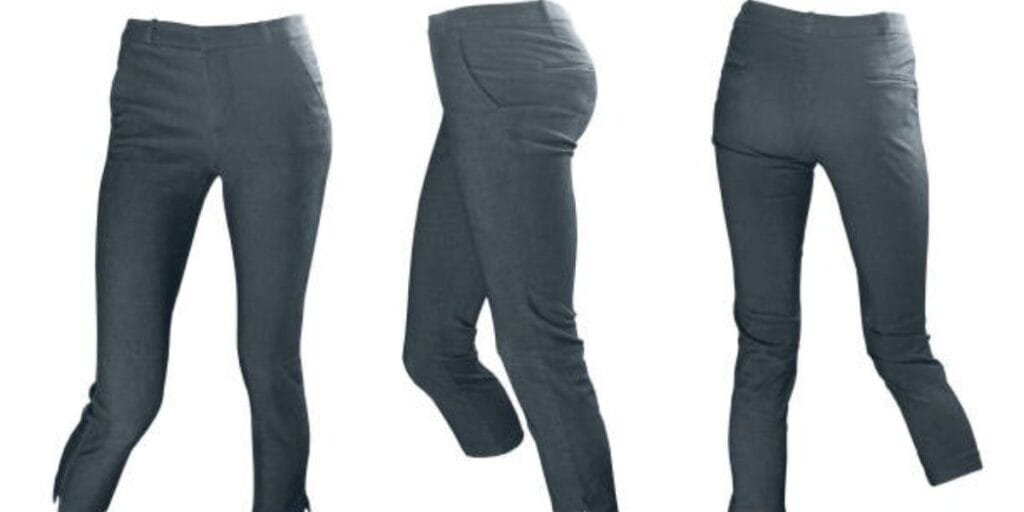 Three-angle view of a pair of fitted dark gray women's trousers with a cropped hem.