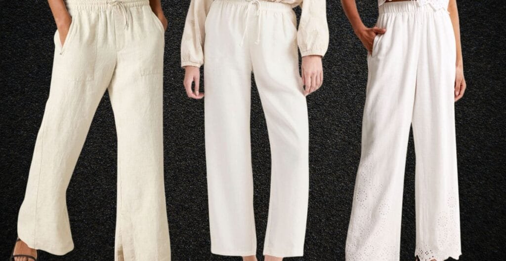 Three women standing side by side, wearing light-colored wide-leg pants. The women are cropped from the neck down, with their hands in their pockets or hanging naturally, against a textured black background.