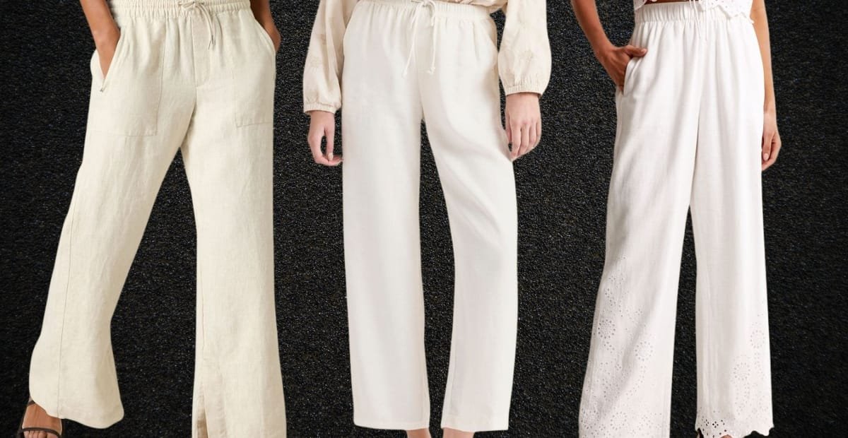 Three women standing side by side, wearing light-colored wide-leg pants. The women are cropped from the neck down, with their hands in their pockets or hanging naturally, against a textured black background.
