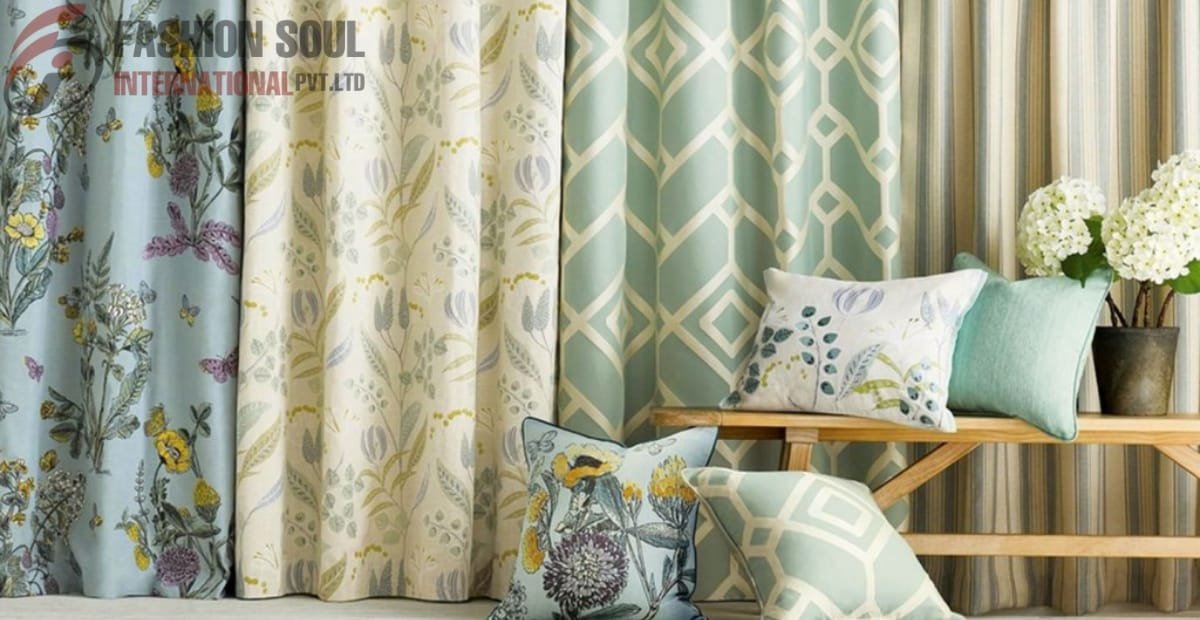 Elegant window treatment fabric with floral, geometric, and striped patterns in soft pastel tones.