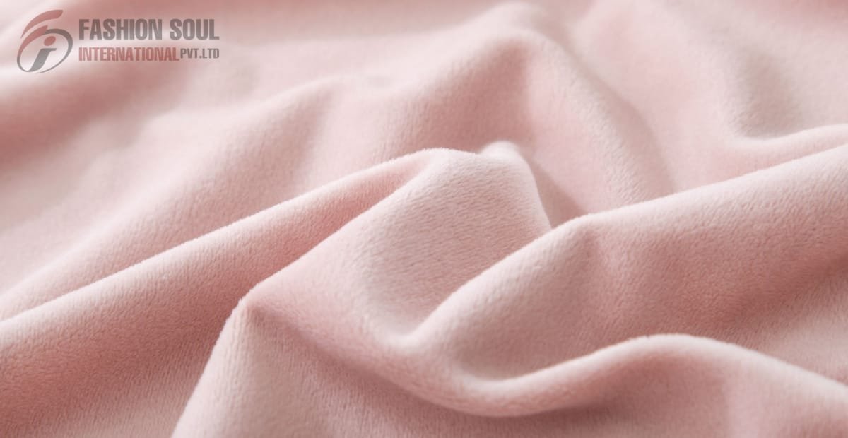 Soft pink fabric with a smooth and velvety texture, showing natural folds and drape.