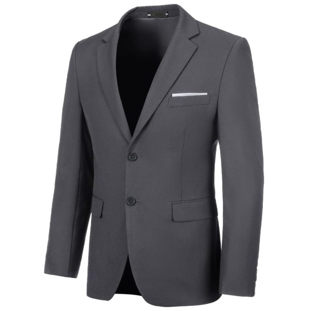 A medium grey men's sport coat with a classic lapel, two-button front, and a pocket square visible in the chest pocket.