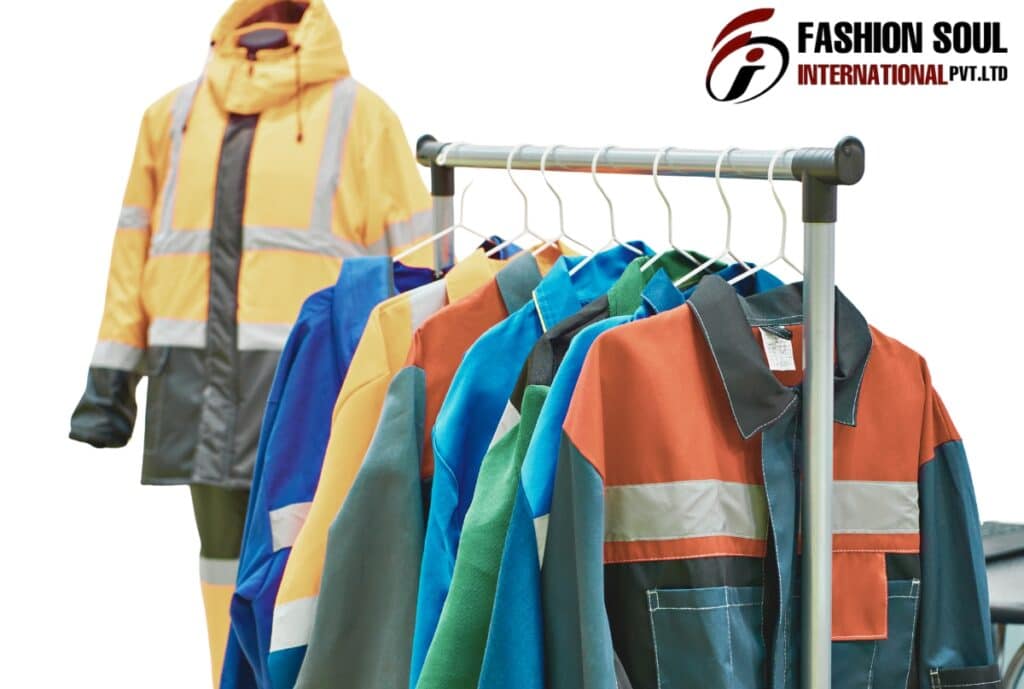 A display of colorful safety and work jackets hanging on a rack, with a yellow and gray jacket in the background. The top right corner features the logo and name of "FASHION SOUL INTERNATIONAL PVT. LTD."