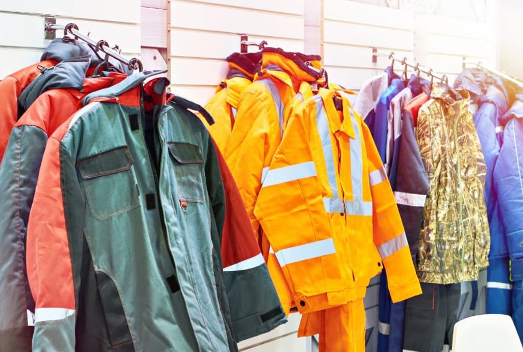 A display of high-visibility safety jackets and workwear in various colors hanging on a rack, including orange, yellow, camouflage, and blue, at an outdoor market or store.