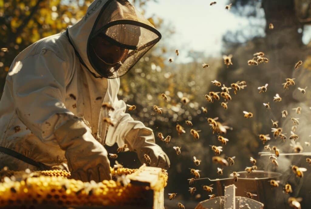 An assured beekeeper shaking hands with a supplier representative, with a display of honey bee suits in the background, symbolizing trust and partnership.