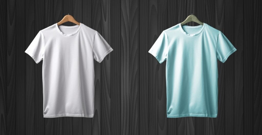 Two plain short-sleeve T-shirts hanging on wooden hangers against a dark wood background. The left shirt is white, and the right shirt is light turquoise.