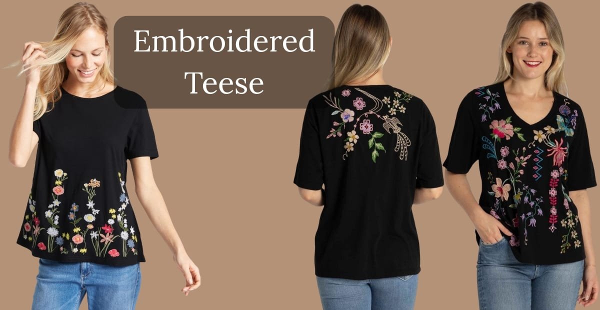 A woman wearing a black embroidered teese top with colorful floral embroidery on the front and back, shown from multiple angles against a beige background.