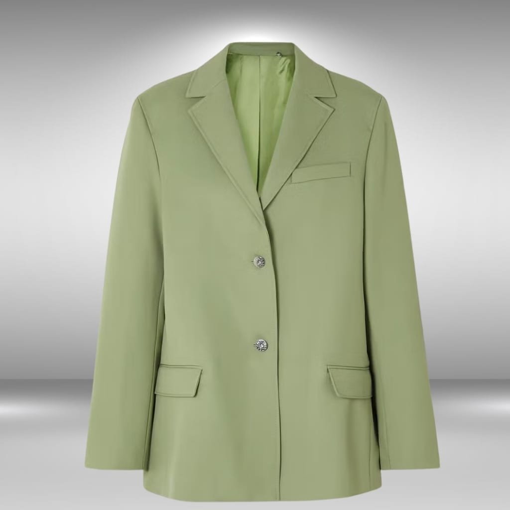 Light green blazer with a classic notch lapel, two front flap pockets, a chest pocket, and button closure,