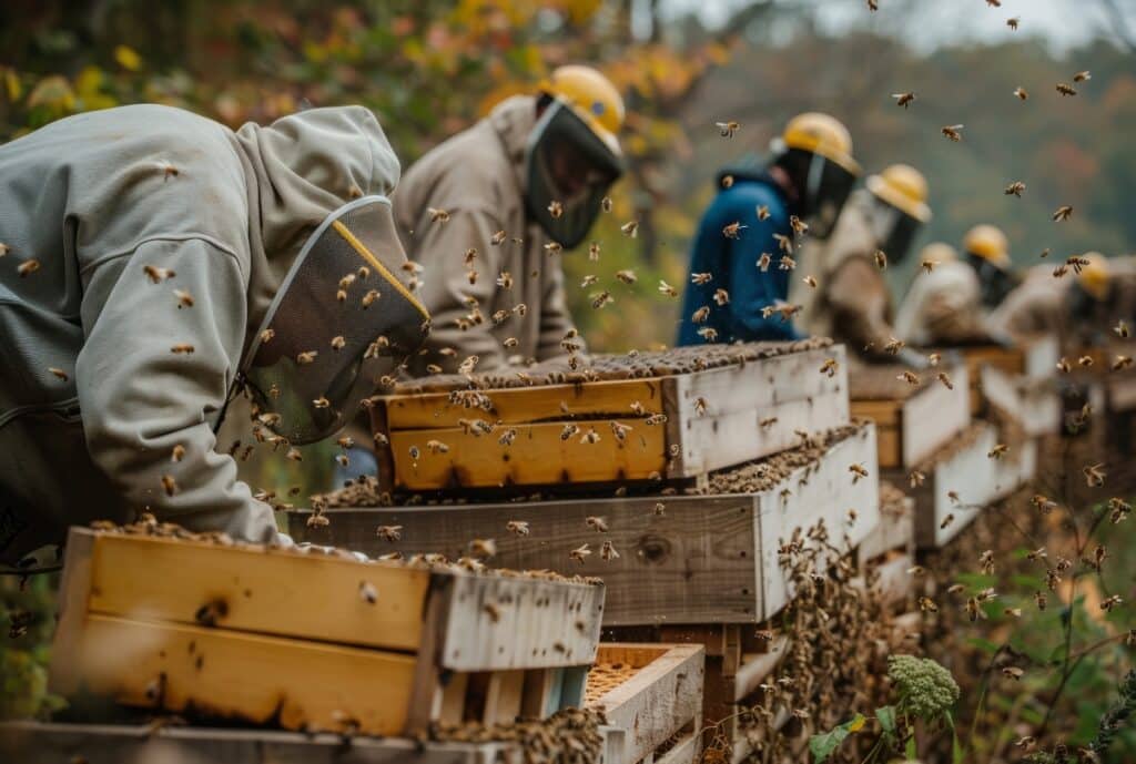 Heavy-duty bee suit with protective gloves and veil, designed for professional beekeepers.