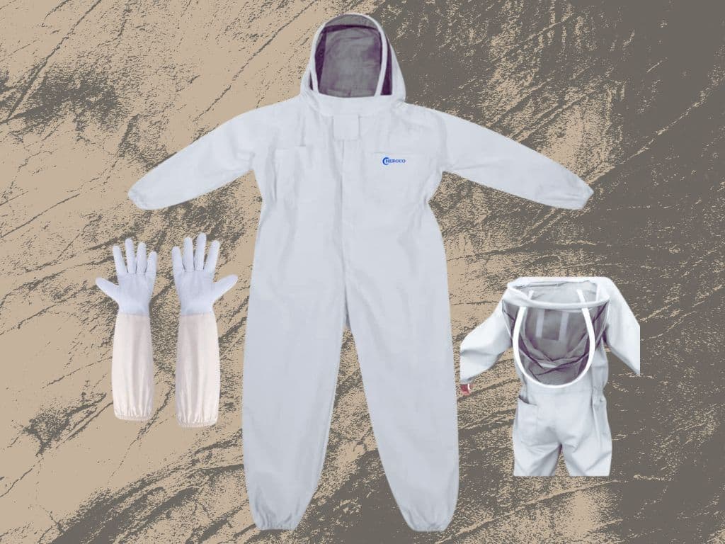 A set of honey bee suits including a full-body protective suit with hood, a pair of white gloves, and a smaller protective suit style jacket, all designed for beekeeping.