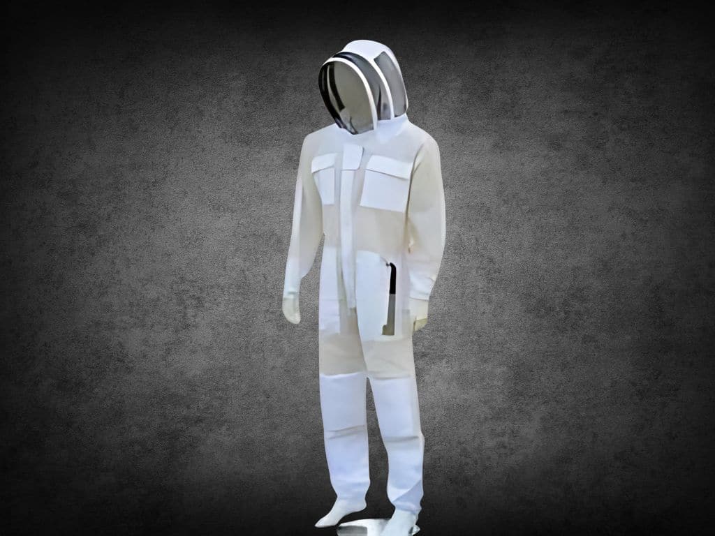 A white beekeeper suit with a protective hood displayed against a dark textured background.