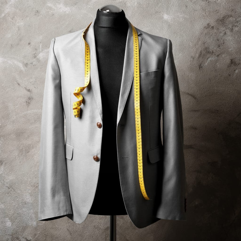 A two-tone blazer displayed on a dress form, with a yellow measuring tape draped around the neck and down the front. The left side of the blazer is light gray, the right side dark gray, and a gray wall serves as the backdrop.
