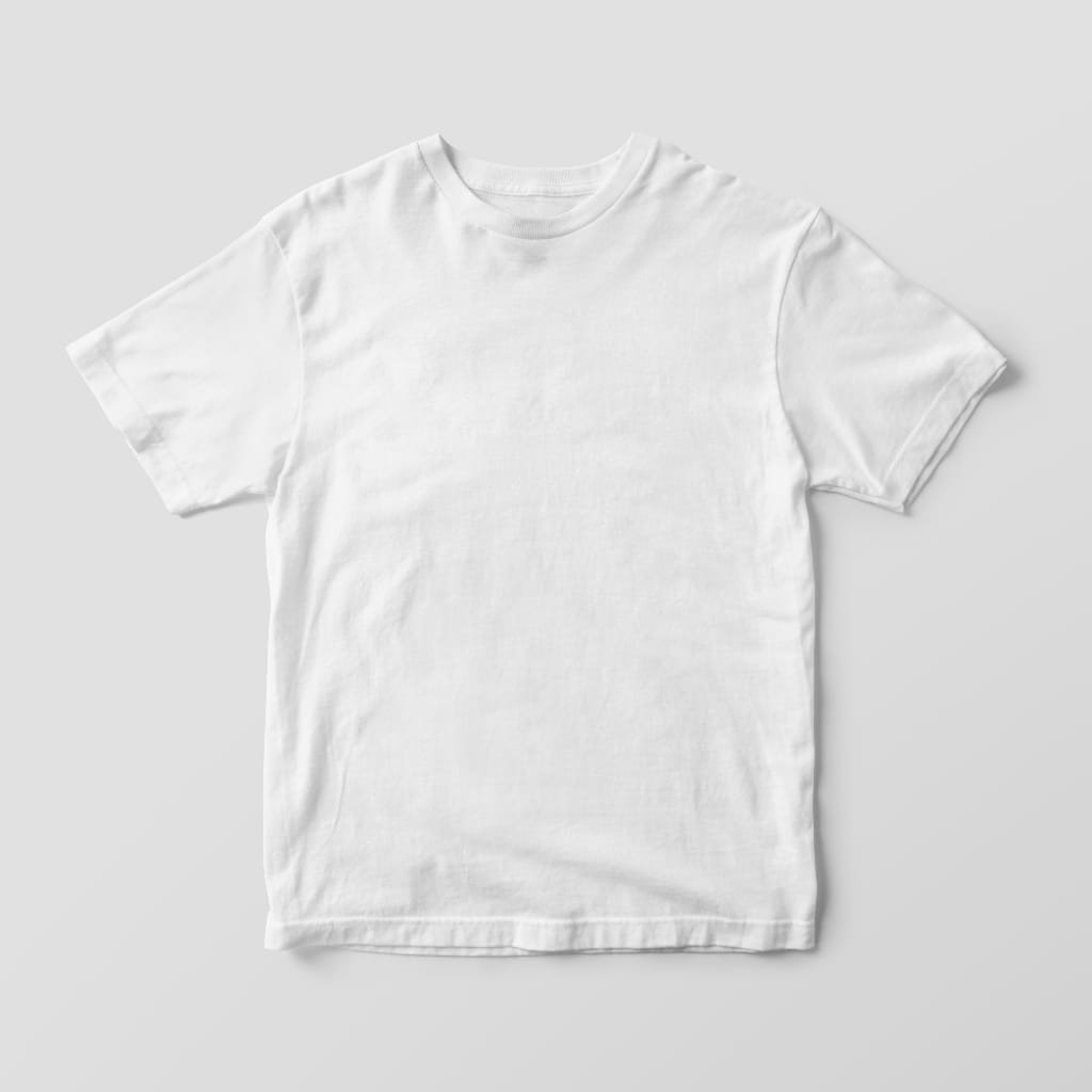 A plain white T-shirt laid flat on a light gray background.